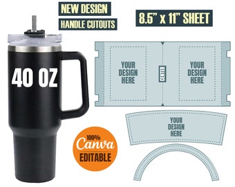 May include: A template for wrapping a 40 ounce tumbler. The template includes a design area for the main body of the tumbler, a design area for the lid, and a design area for the handle. The template is designed to be printed on an 8.5 inch by 11 inch sheet of paper. The template is 100% editable in Canva.
