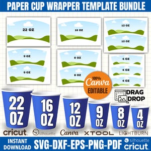 May include: A paper cup wrapper template bundle with various sizes, including 22 oz, 16 oz, 12 oz, 9 oz, 8 oz, and 4 oz. The design features blue cups and templates with a landscape design. Includes the text "100% Canva Editable".