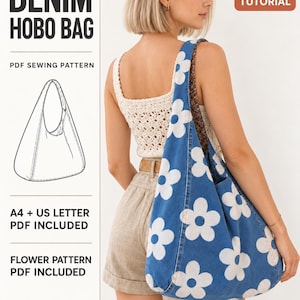 DIY Denim Hobo with Flower Template, Slouchy Shoulder Bag Sewing Pattern PDF