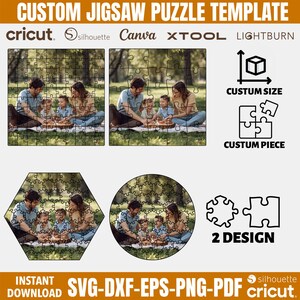 May include: Custom jigsaw puzzle template with family photo examples in square, hexagonal, and circular shapes. Includes options for custom size and piece count. The design is available for instant download in SVG, DXF, EPS, PNG, and PDF formats.