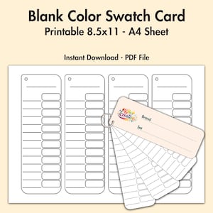 Könnte beinhalten: Eine weiße, bedruckbare Farbmusterkarte mit dem Text "Blank Color Swatch Card" und "Printable 8.5x11 - A4 Sheet". Ein kleiner Farbmusterfächer ist mit einem Metallring befestigt. Der Text "Instant Download - PDF File" ist ebenfalls sichtbar.