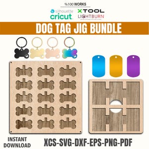 Puede incluir: Un paquete de plantillas para etiquetas de perro con varios diseños en forma de hueso y etiqueta. Incluye una plantilla de madera con cortes en forma de hueso, etiquetas de perro coloridas y llaveros para etiquetas de perro. Se muestra el texto "DOG TAG JIG BUNDLE".