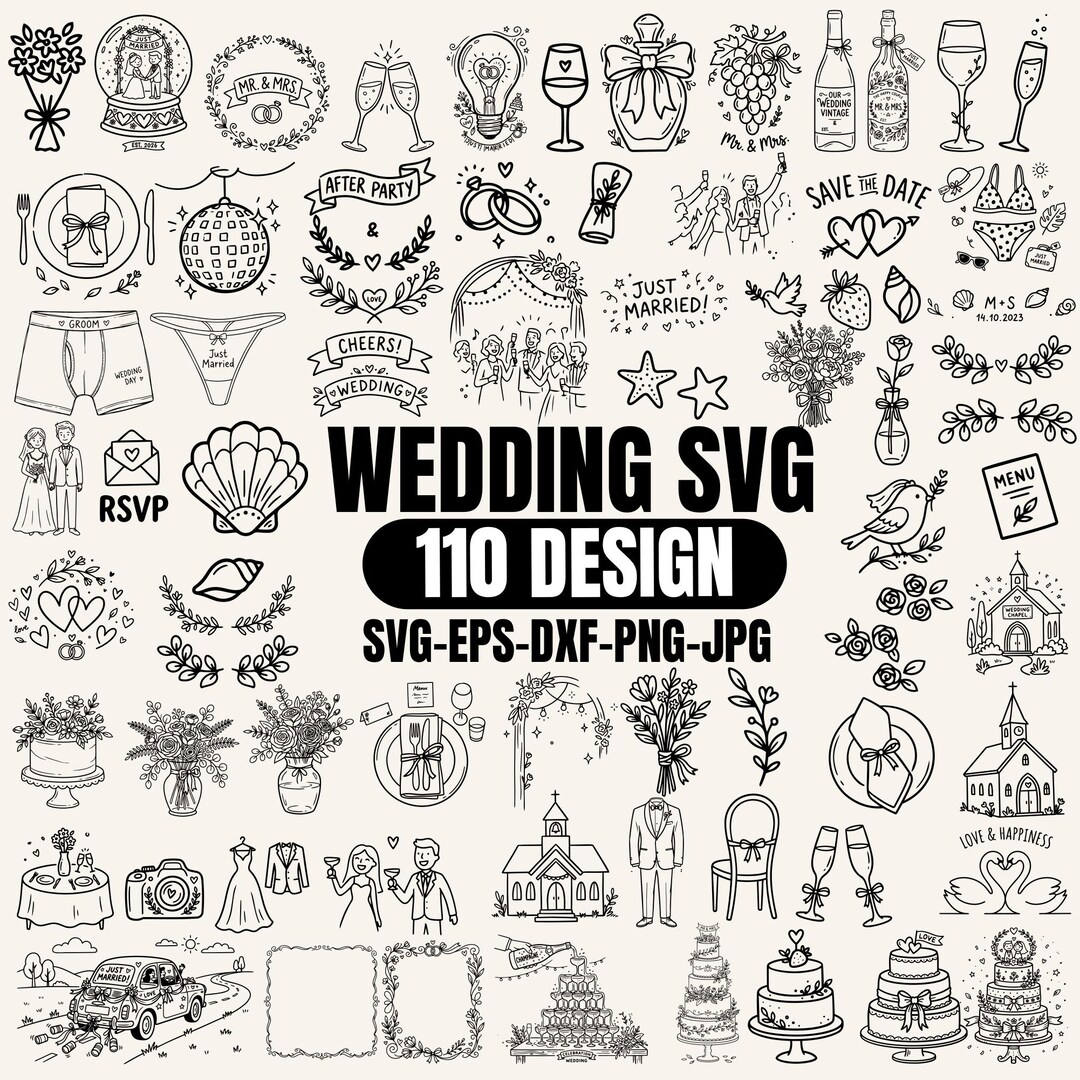 110 Wedding Handdraw Doodle SVG Bundle, Hand Drawn Whimsical Wedding ...