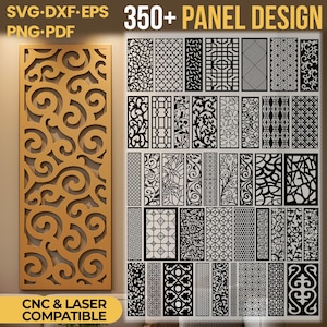 May include: A collection of 350+ panel designs in black and gold. The designs include various patterns, including floral, geometric, and abstract shapes. The image also features the text "SVG.DXF.EPS PNG.PDF" and "CNC & LASER COMPATIBLE".