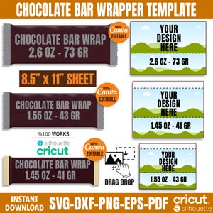 Puede incluir: Una plantilla de envoltorio de barra de chocolate descargable digitalmente. La plantilla incluye tres tamaños diferentes: 2,6 oz, 1,55 oz y 1,45 oz. La plantilla es editable en Canva e incluye instrucciones para la funcionalidad de arrastrar y soltar. La plantilla es compatible con las máquinas de corte Cricut y Silhouette. El texto en la imagen dice "Chocolate Bar Wrapper Template", "Chocolate Bar Wrap", "8.5" x 11" Sheet", "100% Canva Editable", "Your Design Here", "2.6 oz - 73 gr", "1.55 oz - 43 gr", "1.45 oz - 41 gr", "%100 Works", "silhouette", "cricut", "Drag Drop", "Descarga instantánea", "SVG-DXF-PNG-EPS-PDF", "cricut", "silhouette".