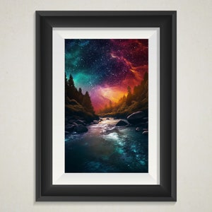 May include: A framed print of a colorful night sky with stars and a river flowing through a forest. The sky is a mix of pink, purple, blue, and green.