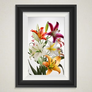 Puede incluir: Una impresión enmarcada de un ramo de lirios de varios colores, incluyendo blanco, naranja, rosa y rojo. Los lirios están dispuestos en un jarrón y se colocan sobre un fondo blanco.
