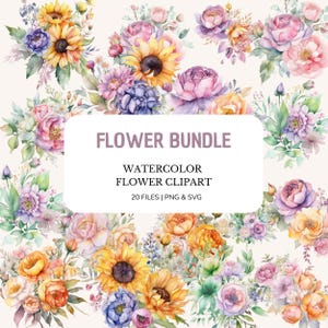 20 Watercolor Flowers SVG PNG Bundle, Flower Bouquet, Pastel Floral Clipart for personal and commercial use - for invitations & decorations