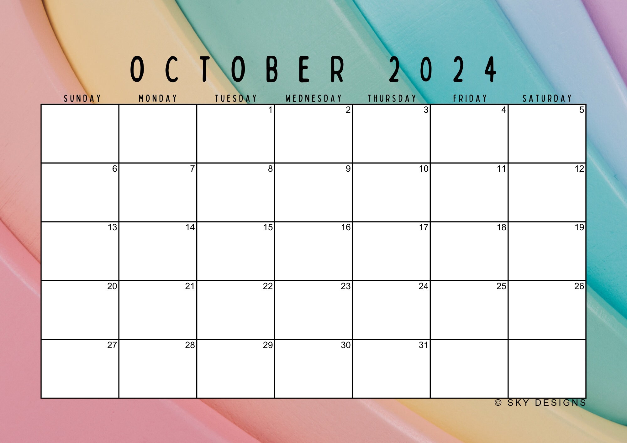2024 Monthly Calendar Pastel Printable Landscape Monday Start Sunday ...