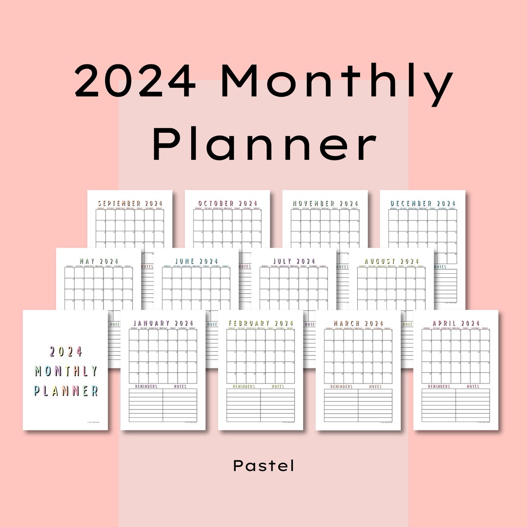 2024 Monthly Planner Pastel Printable PDF Portrait Monday Start Sunday ...