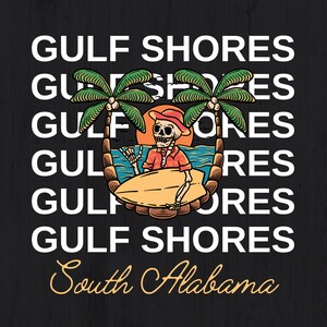 Gulf Shores Alabama Beach Southern Skull Retro Skeleton Surfing Mobile Foley PNG T-Shirt Design Digital Download File