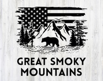 May include: Black and white silhouette design featuring a bear, mountains, trees, and a distressed American flag with the text "GREAT SMOKY MOUNTAINS".