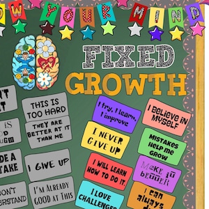 May include: A motivational bulletin board with the words "GROW YOUR MIND" at the top. The board features a brain graphic and the words "FIXED GROWTH." Various positive affirmations are displayed, such as "I can always do" and "I never give up."