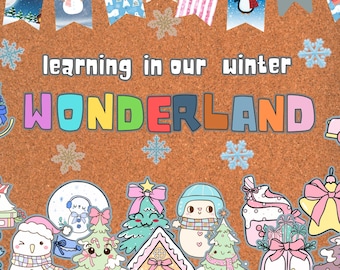 Trendiges Winterwunderland-Pinnwand-Set: Druckbare Klassenzimmertürdekoration, Ideen für die Pinnwand im Januar, Schneepinguin, Schneemann (digitale Datei)