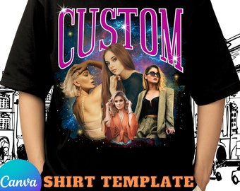 Può includere: Una maglietta nera con un design grafico che presenta la parola "CUSTOM" in lettere rosa su uno sfondo di galassia. La grafica include anche quattro donne con diversi stili di capelli e abbigliamento.