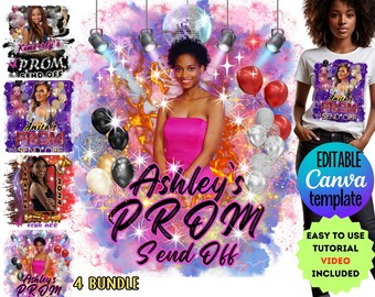 Può includere: Un modello di design digitale per una festa di addio al ballo. Il design presenta uno sfondo rosa e viola con glitter, stelle e palloncini. Il testo "Ashley's Prom Send Off" è scritto in bianco e nero con un contorno rosa. Il design è modificabile in Canva e include un video tutorial.