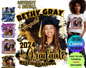 Graduation T Shirt Template 4 Bundle Class of 2024 Editable in Canva Graduation Family Shirt Design Template PNG Graduation Senior 2024 DFT