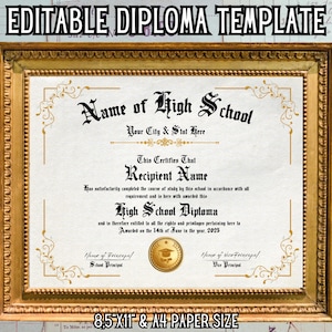 Editable High School Diploma Template, Home School Diploma Design, Diploma Replica Template Custom Diploma PNG, Certificate With Golden Seal