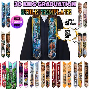 May include: A selection of graduation stoles, each featuring photos, names, and the year "202X". The stoles are around 127 cm long and are designed for children. The image also includes the text "30 KIDS GRADUATION STOLE TEMPLATE".