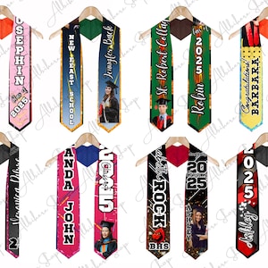 May include: A collection of graduation stoles in various colors, each personalized with names, school names, and the year 2025. Some stoles feature photos of graduates and decorative elements. The stoles are displayed on wooden hangers.