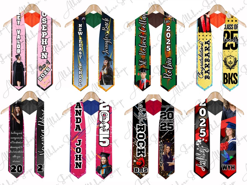 May include: A collection of graduation stoles in various colors, each personalized with names, school names, and the year 2025. Some stoles feature photos of graduates and decorative elements. The stoles are displayed on wooden hangers.