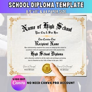 Printable High School Diploma Template, Editable Diploma Replica Template, Printable Certificate With Seal, Home School Diploma Canva Design