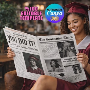 Graduate Newspaper Template | Graduation Announcement | Printable Canva Template | Editable Design | Senior Keepsake Gift image 1