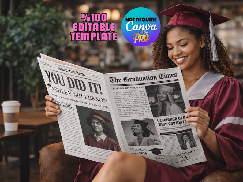 Graduate Newspaper Template | Graduation Announcement | Printable Canva Template | Editable Design | Senior Keepsake Gift image 1