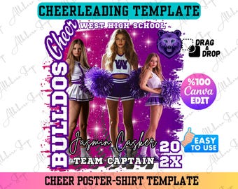 Plantilla de póster de animadora, diseño de camiseta de animadora, espíritu escolar (descarga digital de Canva)