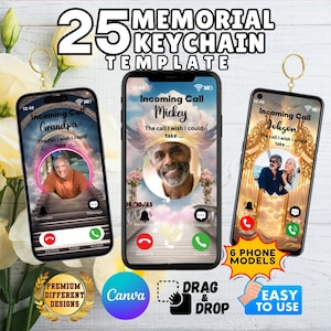 May include: A digital mockup of a phone keychain template with three different designs. Each design features a phone screen with a call notification, a photo of a person, and the text "Incoming Call". The text "25 Memorial Keychain Template" is at the top of the image.