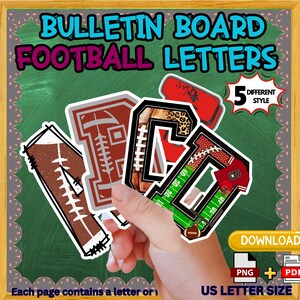 May include: A hand holding several football-themed bulletin board letters. The letters are in various styles, including a football design, a leopard print, and a field design. The image includes the text "BULLETIN BOARD FOOTBALL LETTERS" and "5 DIFFERENT STYLE".