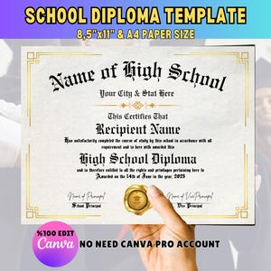 School Diploma Template Replica Certificate, Graduation Diploma Home School Diploma Collage Diploma, Editable Diploma Replica Template Canva