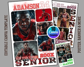Basketball Player Photo Collage Poster Canva Template: Senior Sports Backdrop, Sport Graduation Designs