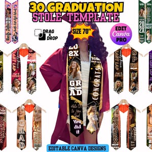 May include: A display of graduation stoles, each featuring a photo and text. The stoles are in various colors, with the text "30 Graduation Stole Template" at the top. The size is 70 inches.