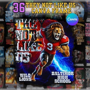 May include: A graphic design featuring a lion in a red and white football uniform with the text "They Not Like Us" and "Wild Lions" and "Baltimore High School".