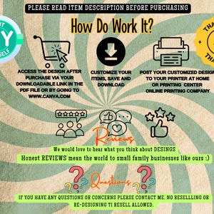 May include: A colorful graphic with instructions on how to use a DIY printable design. The graphic includes a shopping cart, a download arrow, a printer, and a smiley face. The text reads "How Do Work It?" and "PLEASE READ ITEM DESCRIPTION BEFORE PURCHASING".