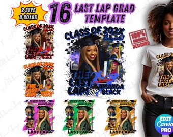 May include: A digital design template for a graduation t-shirt. The design features a checkered background with a blue, white, and red color scheme. The text "Class of 202X" is displayed in a bold font. The text "The Last Lap!" is displayed in a blue font. The design also includes a photo placeholder for a graduate's photo.