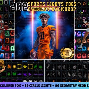 May include: A digital graphic design pack with 282 sports lights, fogs, and neon lights. The pack includes 107 colored fogs, 89 circle lights, and 86 geometry neon lights. The image shows a football player in a bright orange jersey with a number 11 on the front. The image also shows a female tennis player in a white and blue outfit. The image also shows a baseball player in a black and white uniform.