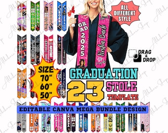 May include: A set of 23 editable graduation stole templates for Canva. The templates feature various designs with different colors, text, and graphics. The stoles are available in three sizes: 70 inches, 60 inches, and 50 inches. The text on the image reads "GRADUATION 23 STOLE TEMPLATE EDITABLE CANVA MEGA BUNDLE DESIGN".