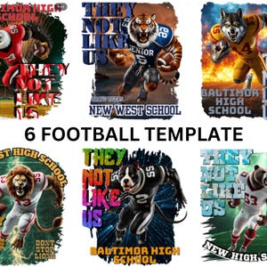 May include: Six different football team designs featuring a variety of animals in football uniforms. Each design includes the team name, mascot, and the phrase "They Not Like Us".