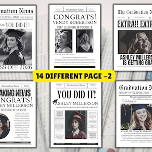 May include: A collection of graduation-themed newspaper pages. Each page features a student's photo, headlines like "Congrats!" and "You Did It!", and the date. The pages are in black and white with a vintage newspaper design.