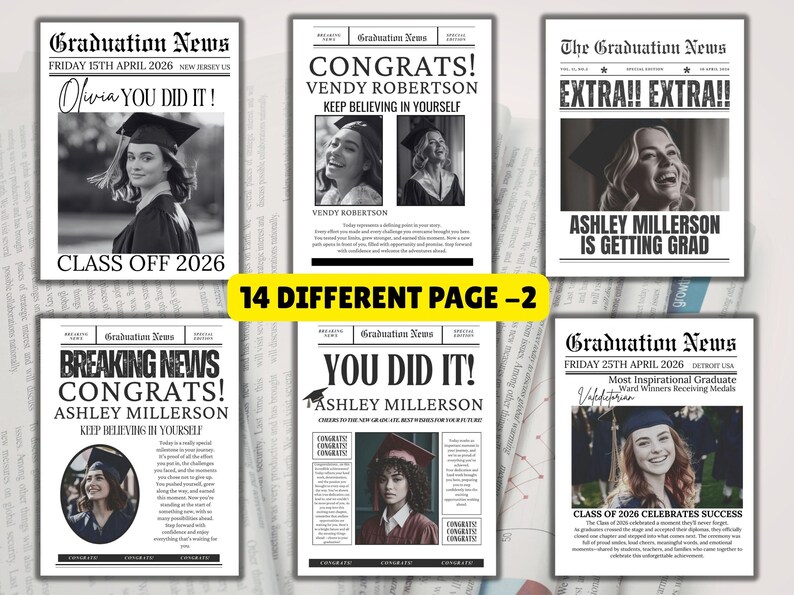 May include: A collection of graduation-themed newspaper pages. Each page features a student's photo, headlines like "Congrats!" and "You Did It!", and the date. The pages are in black and white with a vintage newspaper design.