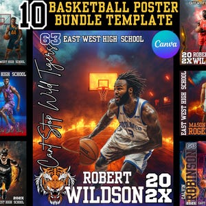Plantilla de póster de equipo de baloncesto en Canva, póster de pancarta de equipo de baloncesto, póster de mascota, plantilla editable de póster deportivo con pancarta de noche de seniors