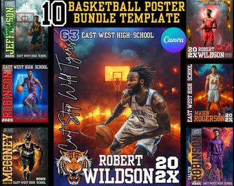 Op de afbeelding: Een basketbalposter sjabloon met een basketbalspeler in een blauw en wit shirt die de bal dribbelt. De poster heeft een tijgerafbeelding en de tekst "Cant Stop Wild Tigers" en "Robert Wildson 2X".