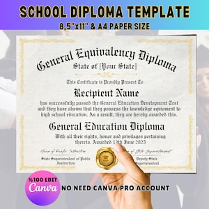 Druckbare GED-Diplomvorlage, Diplom-Replik-Vorlage, Schuldiplom, Abitur, Collage-Diplom, Abschlussdiplom Canva