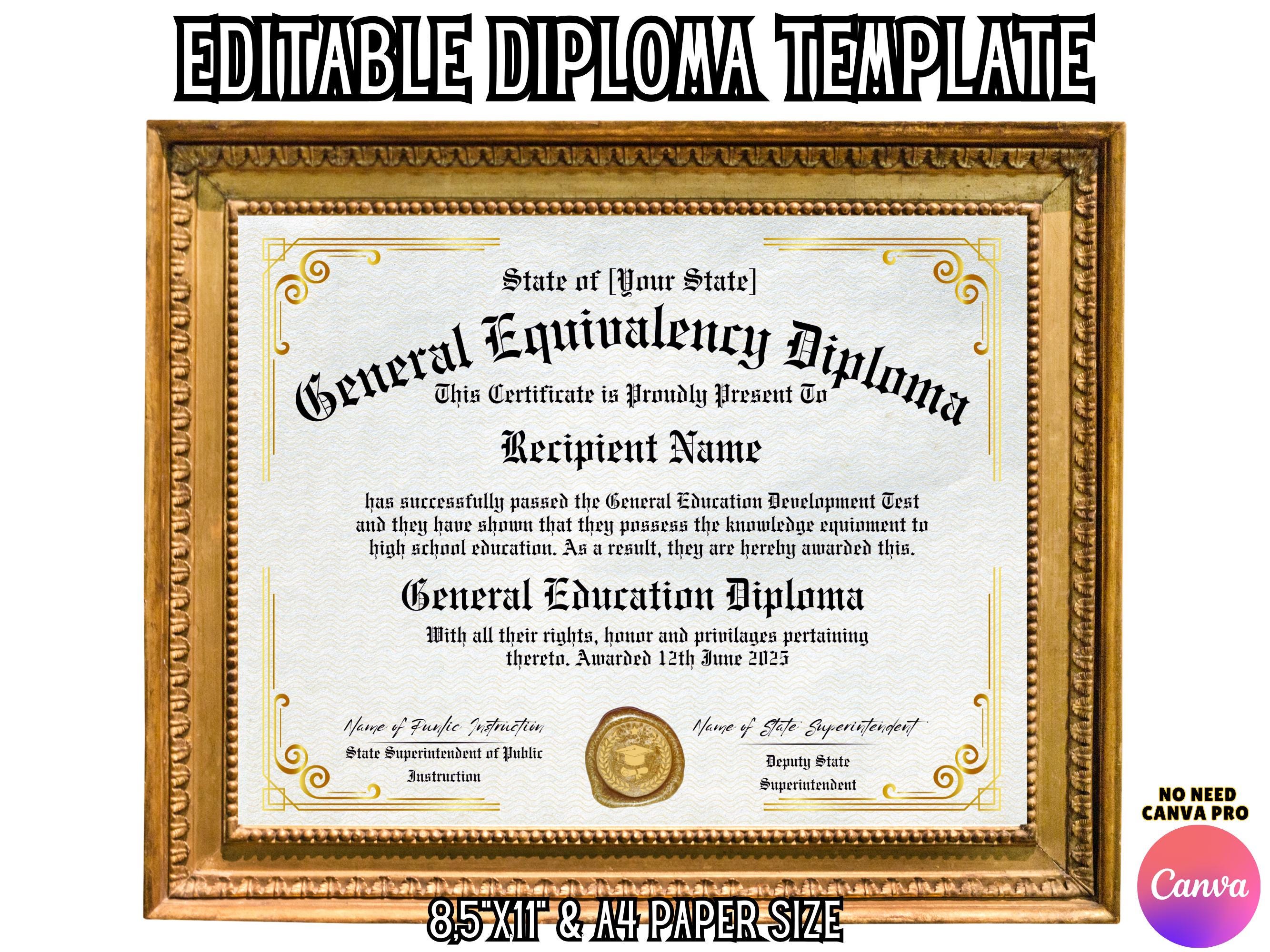 Editable GED Diploma Template Graduation Replica Diploma Printable