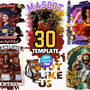 May include: A collection of 30 customizable sports team graphic design templates. The templates feature a variety of sports themes, including cheerleading, football, basketball, and graduation. The templates are designed to be edited in Canva Pro.