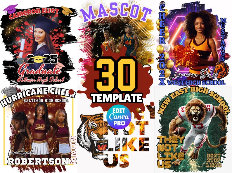 May include: A collection of 30 customizable sports team graphic design templates. The templates feature a variety of sports themes, including cheerleading, football, basketball, and graduation. The templates are designed to be edited in Canva Pro.