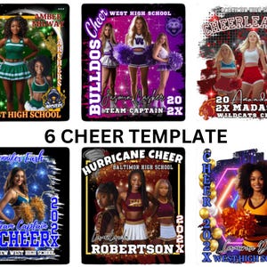 May include: Six different cheerleading team designs featuring photos of cheerleaders in various poses. Each design includes the team name, school name, and year. The designs are in a variety of colors and styles.