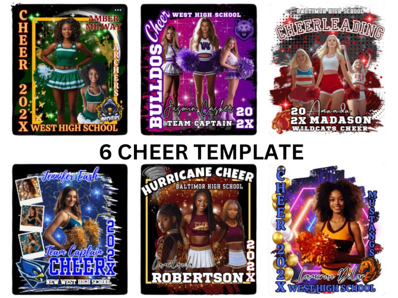 May include: Six different cheerleading team designs featuring photos of cheerleaders in various poses. Each design includes the team name, school name, and year. The designs are in a variety of colors and styles.